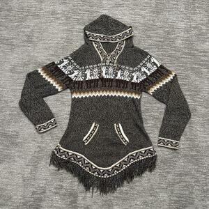 Artesania Edn Sweater Womens Large Brown Gray Hooded Alpaca Knit Fringe Llama
